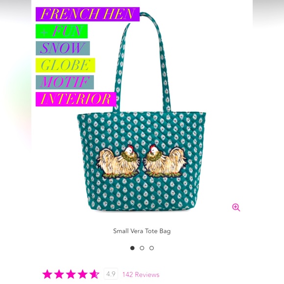 Vera Bradley Small Vera Tote Quilted Cotton ✨ French Hen + Snow Globe Motifs - Picture 3 of 16